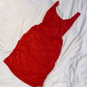 Red backless slip dress